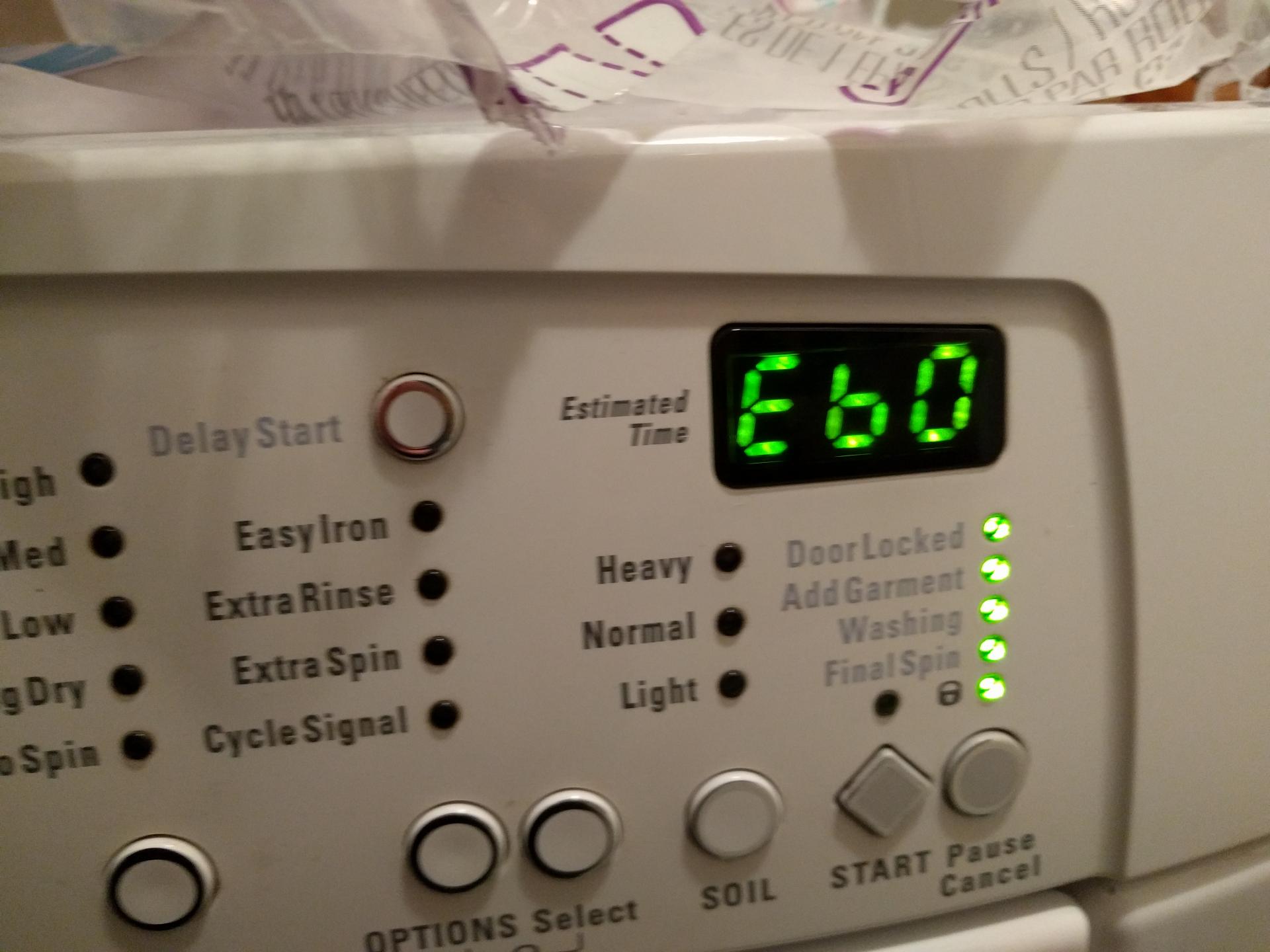 What is the cause of the AAG washing machine error e60